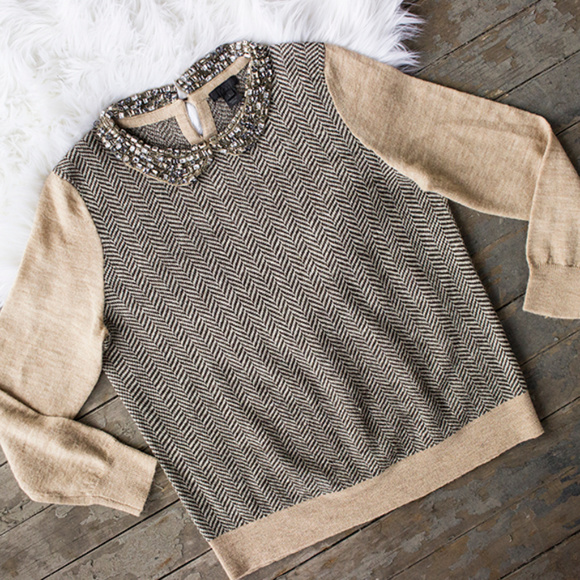 J Crew Herringbone Jewel Collar Sweater 